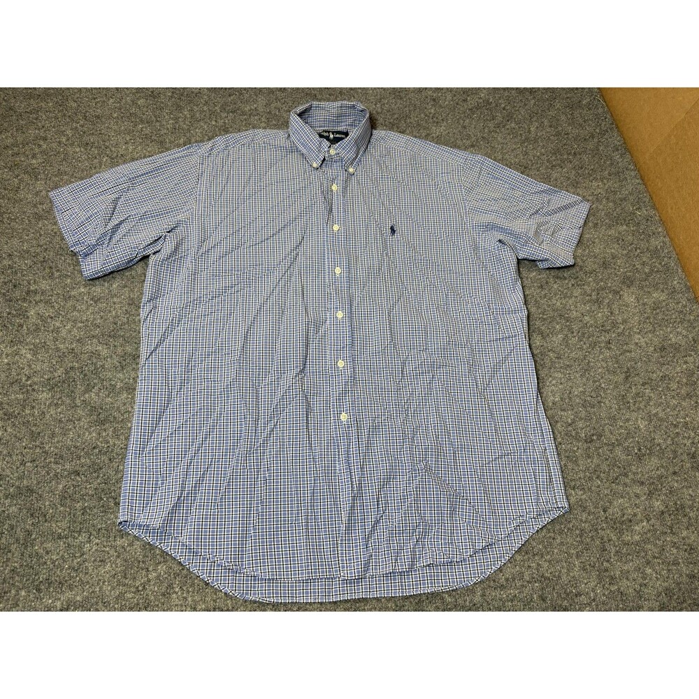Ralph Lauren Shirt Mens L Blue Plaid Short Sleeve Button-Down Logo Casual